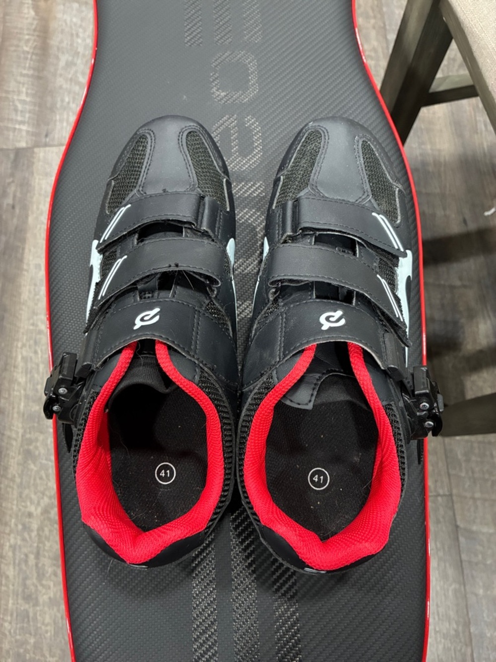 Peloton Black Cycling Shoes with Red Trim and White Accents